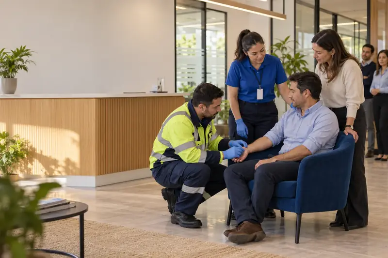 Paramédicos REST911 atendiendo a un trabajador en la recepción de una oficina