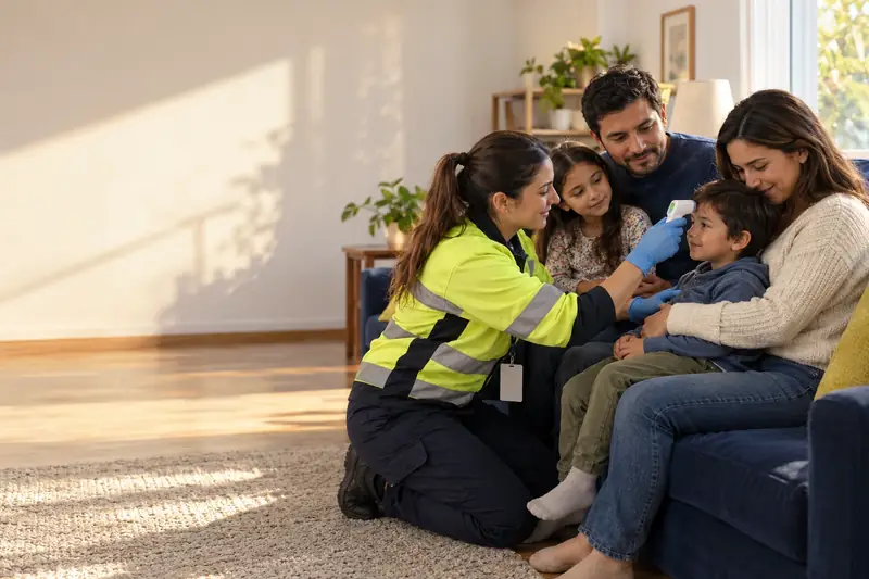 Profesional REST911 atendiendo a un niño en casa junto a su familia